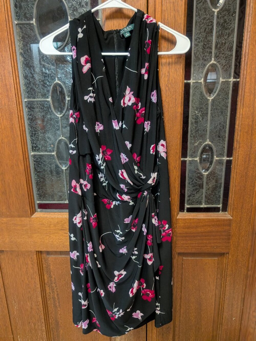 Womens sleeveless floral faux-wrap stretch jersey dress, size 16